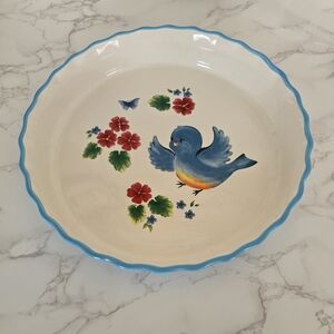 Vintage Ceramic Casserole Dish or Pie Plate with Happy Bluebird - Excellent Cond